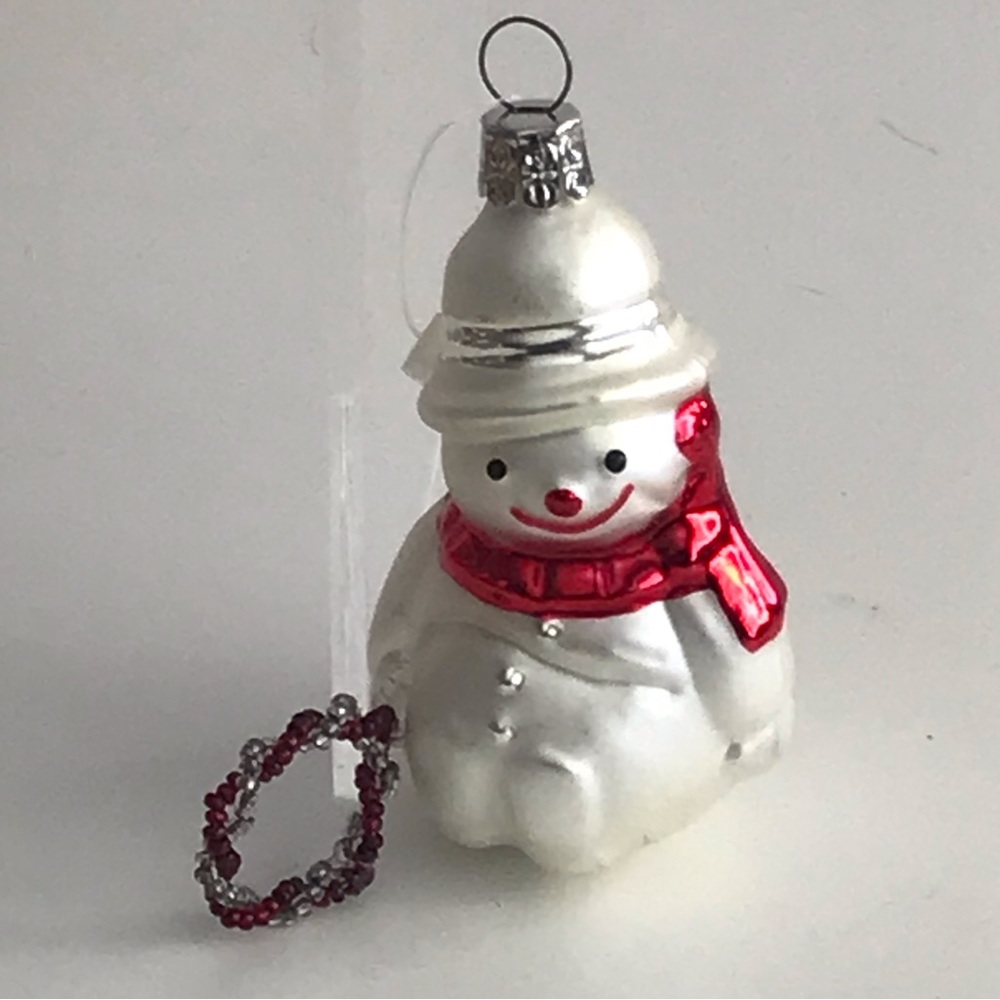 Blown Glass Mini 3" Snowman with a Wreath Christmas Ornament - VTG